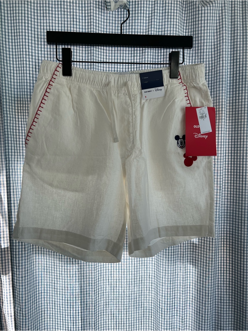 Old Navy White Linen-Blend Mickey Embroidered Men’s Shorts with Red Accents